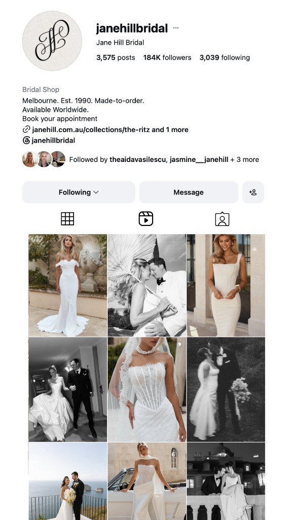 Jane Hill Bridal Instagram grid before