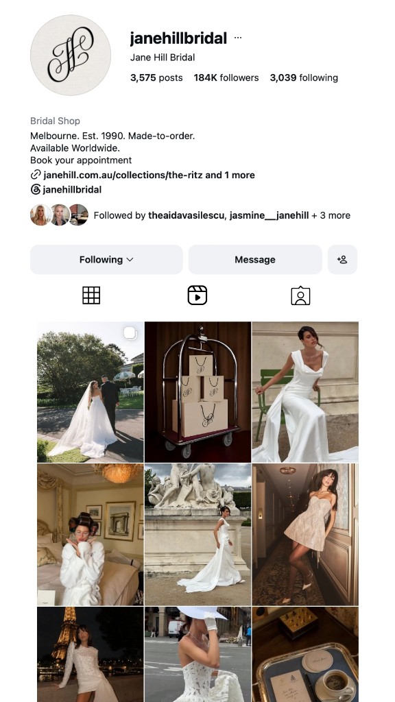 Jane Hill Bridal Instagram grid after
